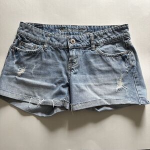 Y2K Vintage Women's American Eagle Blue Distressed Denim Shorts Size 4 Cut Off